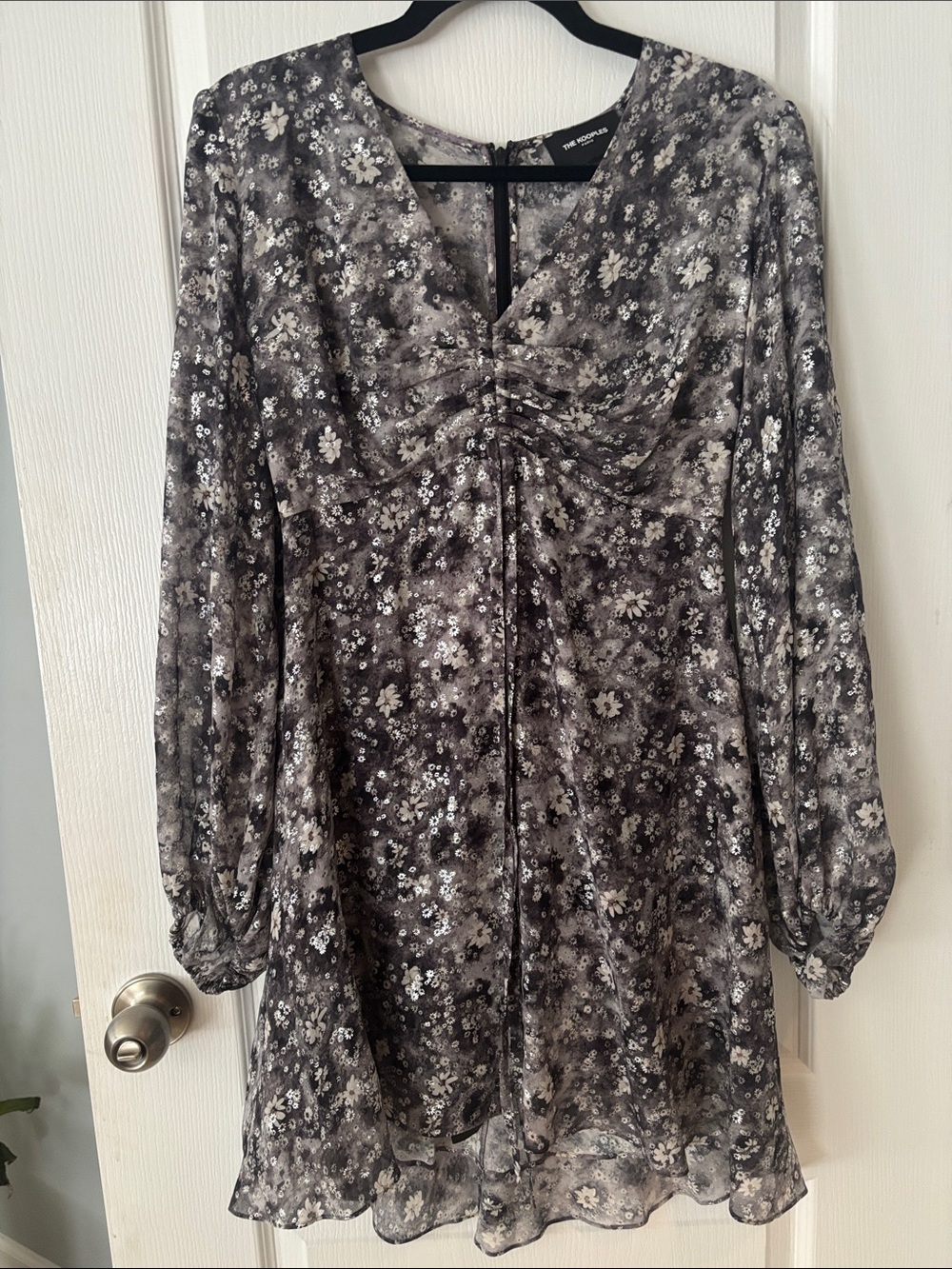 The Kooples Black and Gray Floral Sheer Ruched Mini Dress